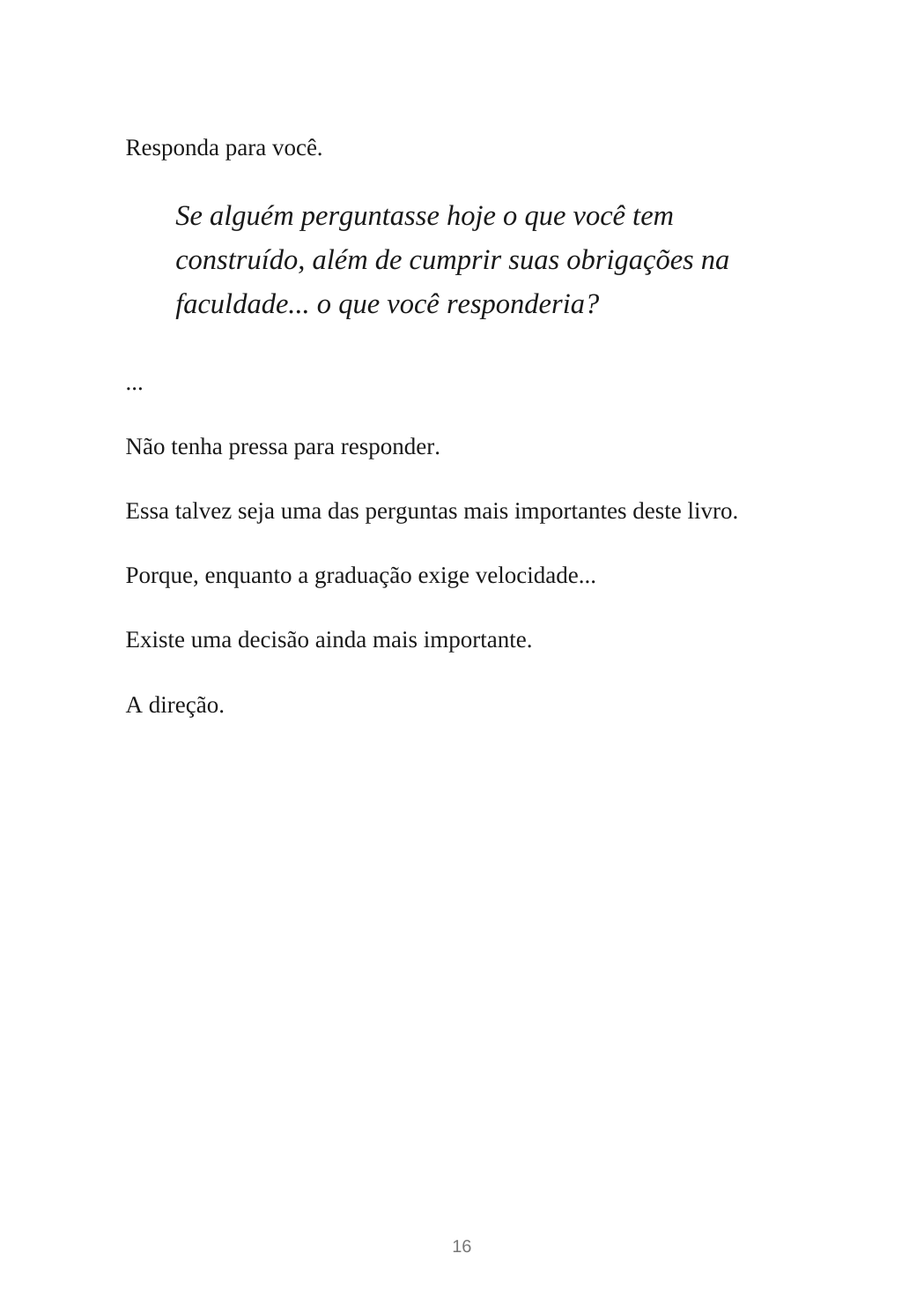 Página 16 do livro Direção no Direito, com exercício de reflexão sobre a construção da trajetória